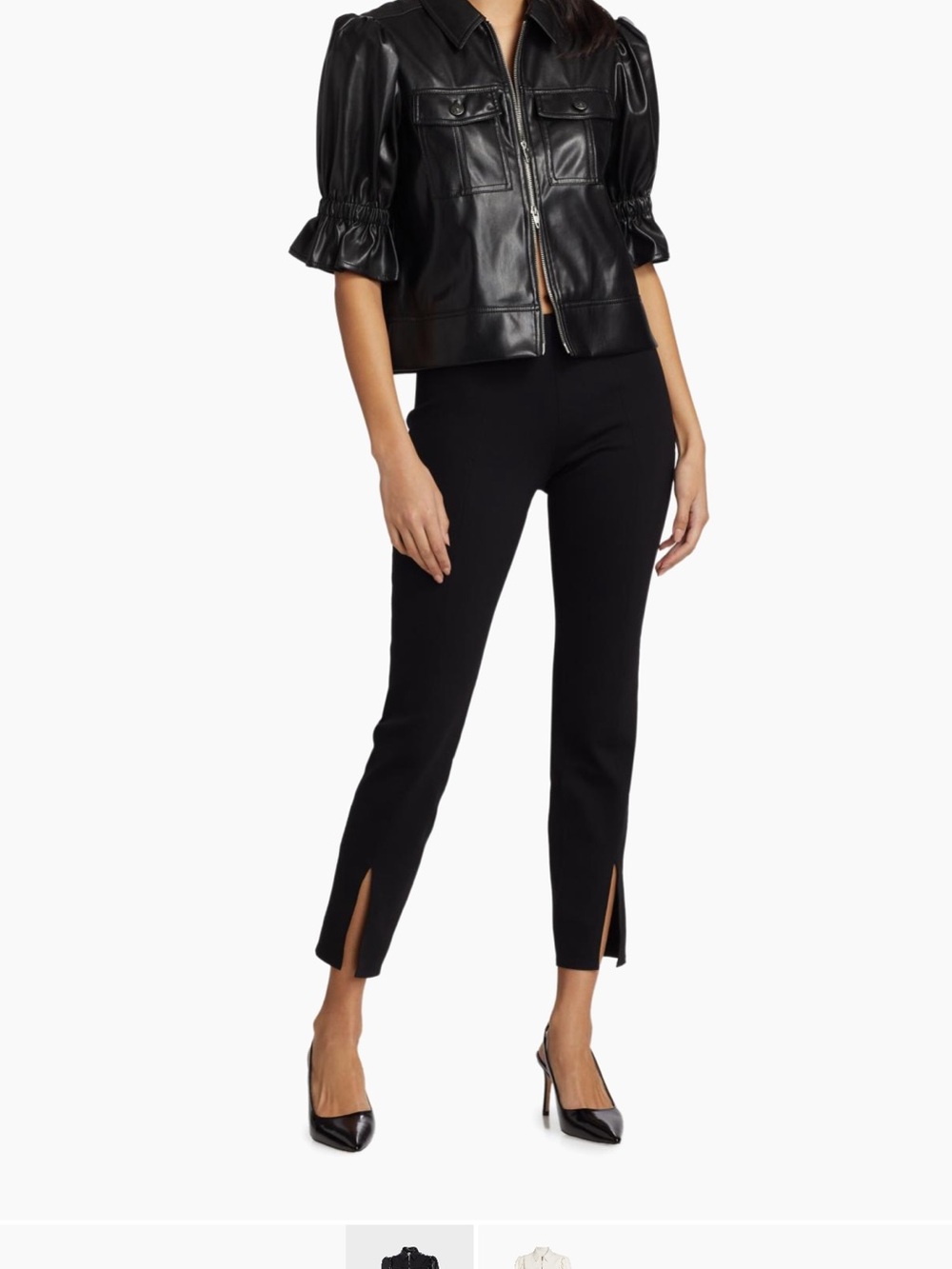 cinq a sept Black  Leather Puff-Sleeve Zip Jacket - Picture 2 of 3